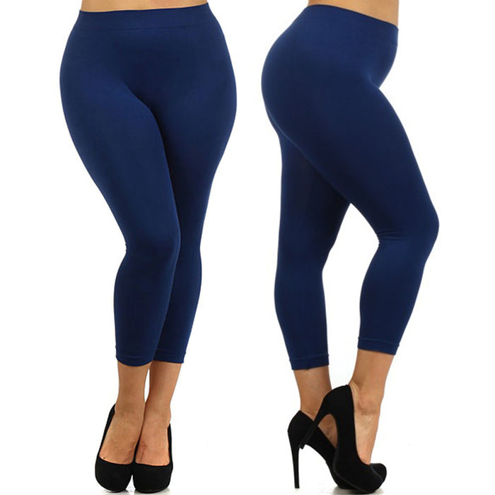 Women Leggings Plus One Size Capri Stretch Pants Basic Yoga Seamless Denim Blue