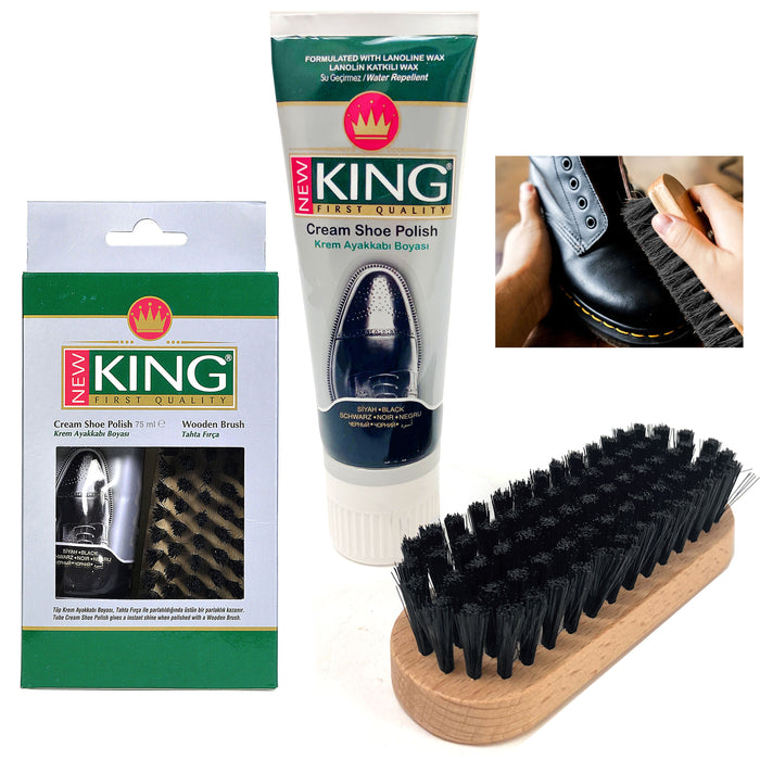 1 Set Black Shoe Shine Kit Boot Polish Leather Cream 75mL Protector Wooden Brush