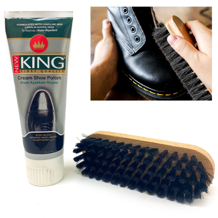 1 Set Black Shoe Shine Kit Boot Polish Leather Cream 75mL Protector Wooden Brush