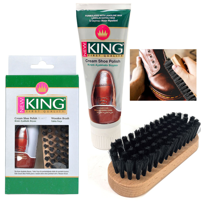 1 Set Brown Shoe Polish Shine Kit Boot Leather Cream 75mL Protector Wooden Brush