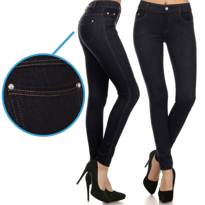 Women Stretchy Faux Denim Jeans Leggings High Waist Tummy Control Pencil  Pants