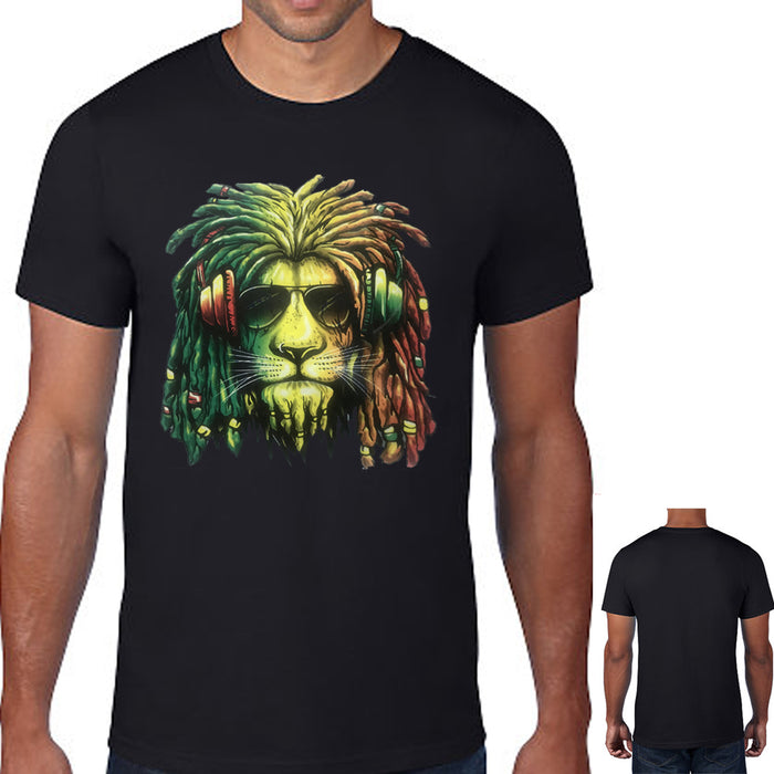 Rasta Lion Headphones T-shirt Jamaican Reagge Rastafari Animal Music Shirt Bk XL