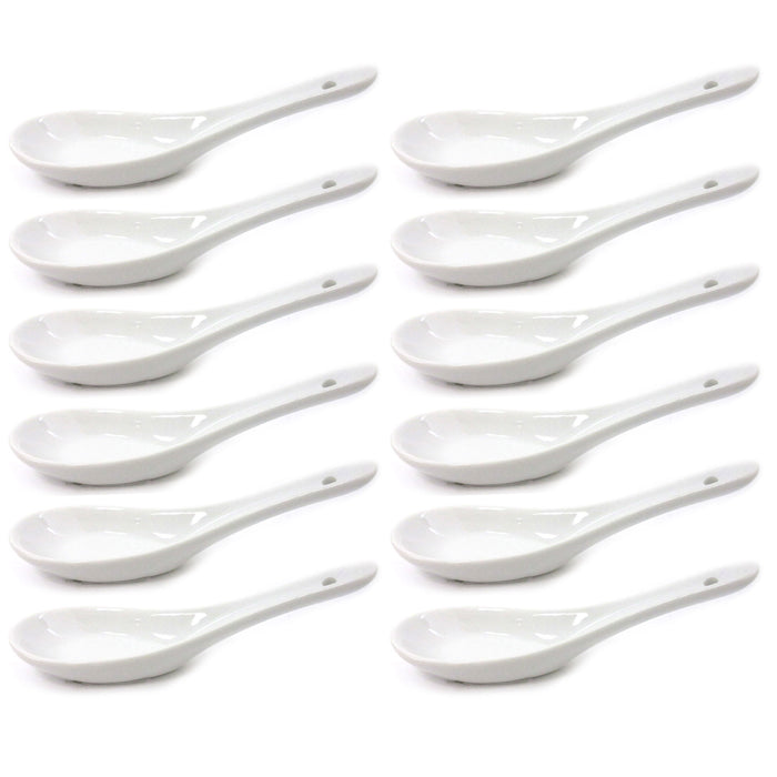 12 Pc Chinese White Ceramic Appetizer Spoon Canape Soup Thai Japanese Noodle