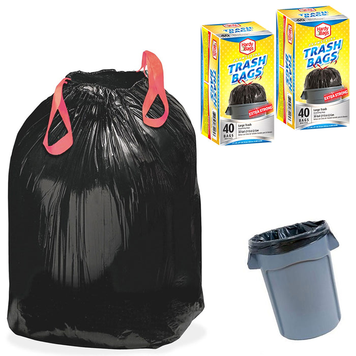 40 Large 30 Gallon Drawstring Trash Bags Extra Strong Kitchen Liner Yard Outdoor, Black