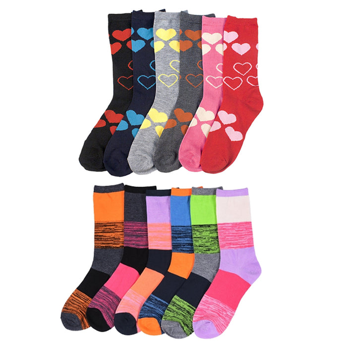 6 Pairs Women Crew Socks Size 9-11 Fashion Assorted Styles Heart Stripe Unisex