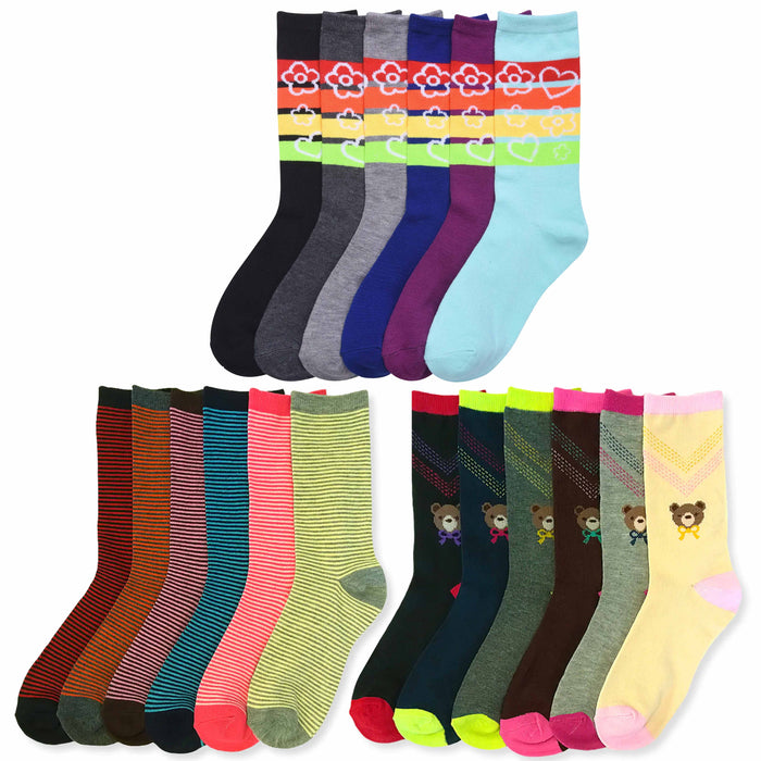 6 Pairs Women Crew Socks Size 9-11 Fashion Assorted Styles Heart Stripe Unisex