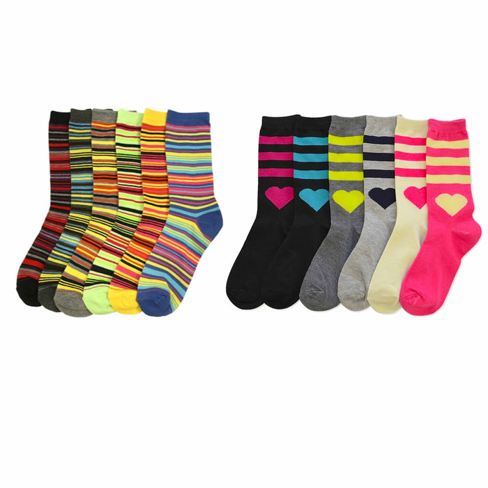 6 Pairs Women Crew Socks Size 9-11 Fashion Assorted Styles Heart Stripe Unisex