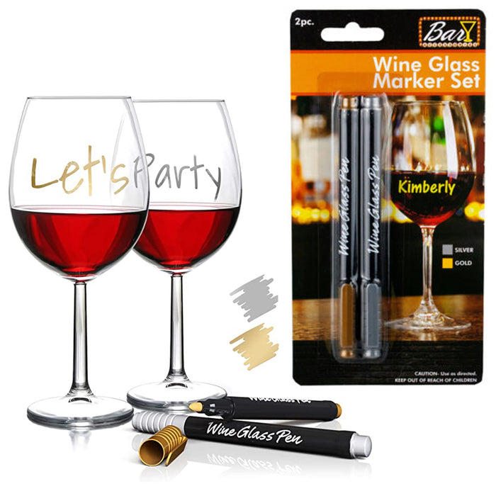 2 Wine Glass Markers Pen Gold Silver Erasable Washable Weddings Party Drink Name