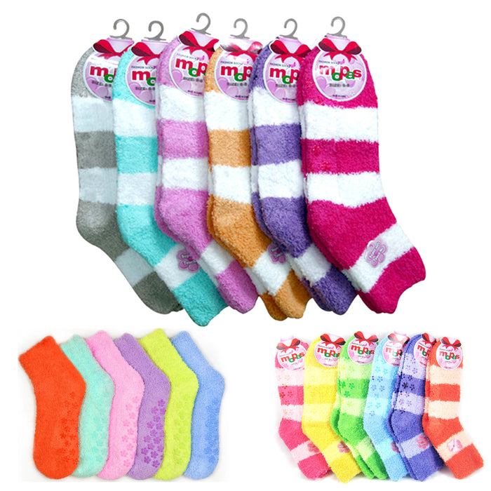 6 Pairs Plush Soft Socks 6-8 Ladies Girls No Skid Stripe Solid Winter Warm Fuzzy
