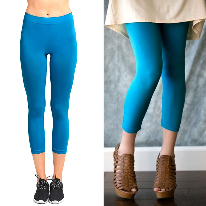 Women's Seamless Nylon Workout Active Solid Plain Capri One Size Leggings  (Turquoise)