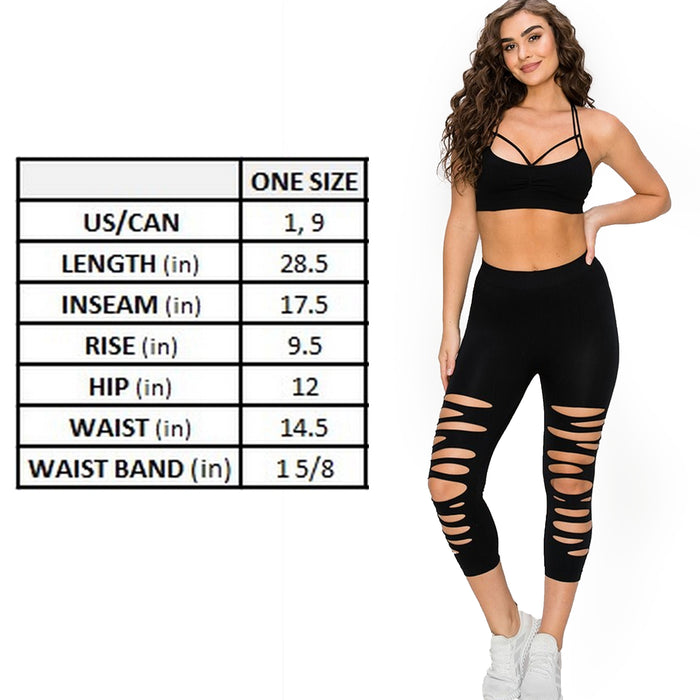 2 Pc Ladies Sexy Cut Out Capri Leggings Ripped Slit One Size