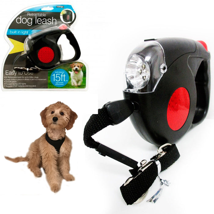 New 14.5 FT Retractable Pet Dog Leash With LED Flash Light Harness Collar Small