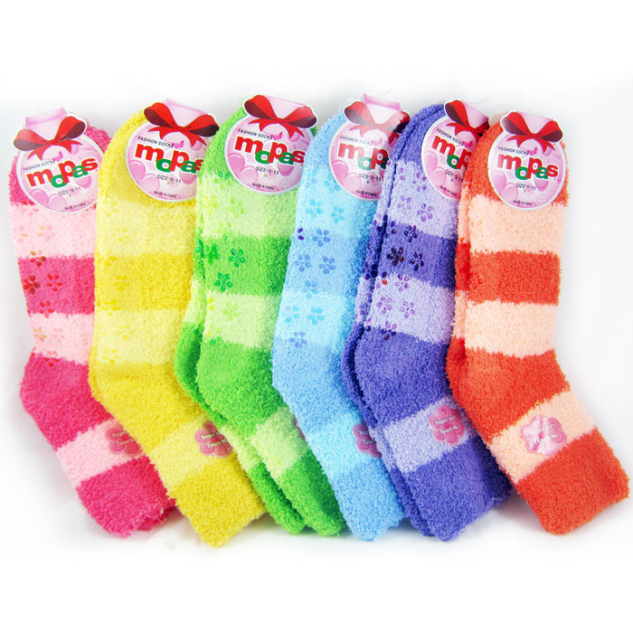 6 Pairs Plush Soft Socks 6-8 Ladies Girls No Skid Stripe Solid Winter Warm Fuzzy