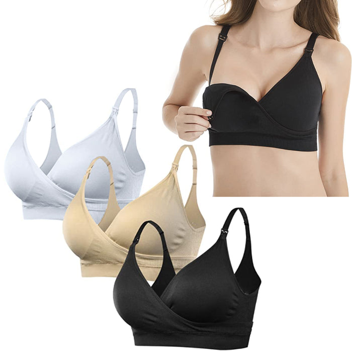 3 Nursing Bra Maternity Breastfeeding Motherhood Wire Free Black Nude Beige L-XL