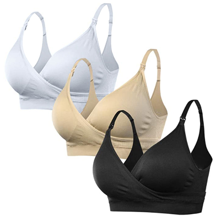 3 Nursing Bra Maternity Breastfeeding Motherhood Wire Free Black Nude Beige L-XL