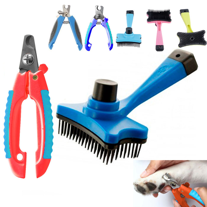 2 Pc Pet Brush Set Self Cleaning Sliding Dog Nail Clippers Comb Reduces Shedding