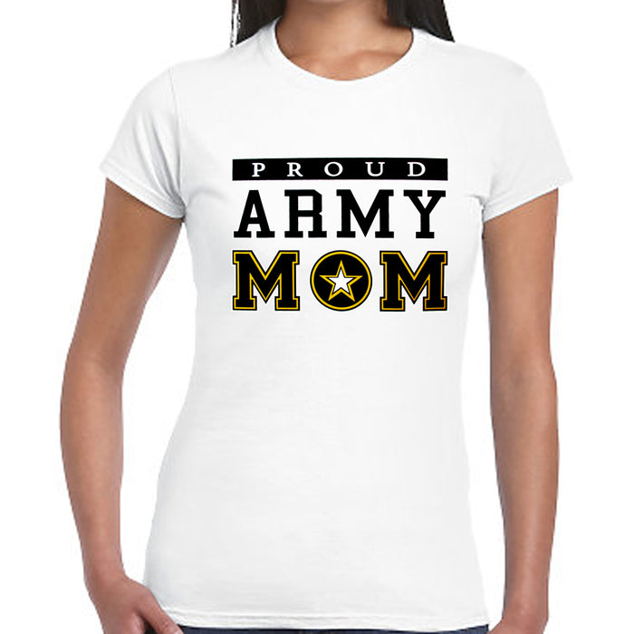 Women T-Shirt Proud Army Mom Military USA Armed Forces Patriotic Tee Top White L