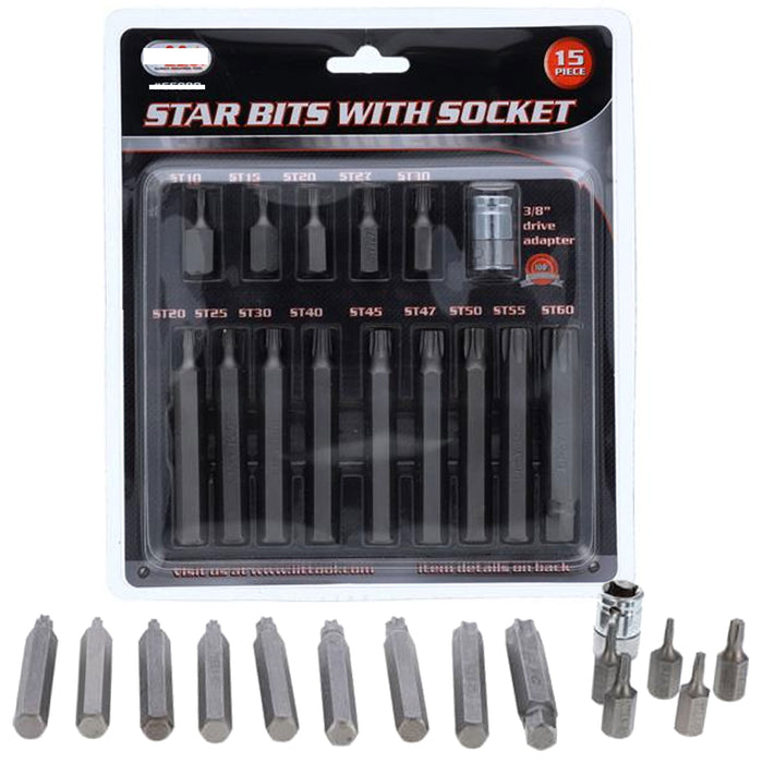 15 Pc 6-Point Security Star Bit Socket Set Torx Star Tamper Proof Bits w/ Holder