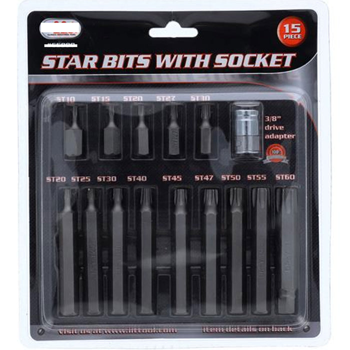 15 Pc 6-Point Security Star Bit Socket Set Torx Star Tamper Proof Bits w/ Holder