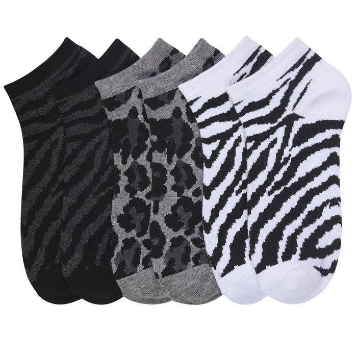 6 Pairs Women's Low Cut Ankle Socks Zebra Animal Print Cotton Casual Size 9-11