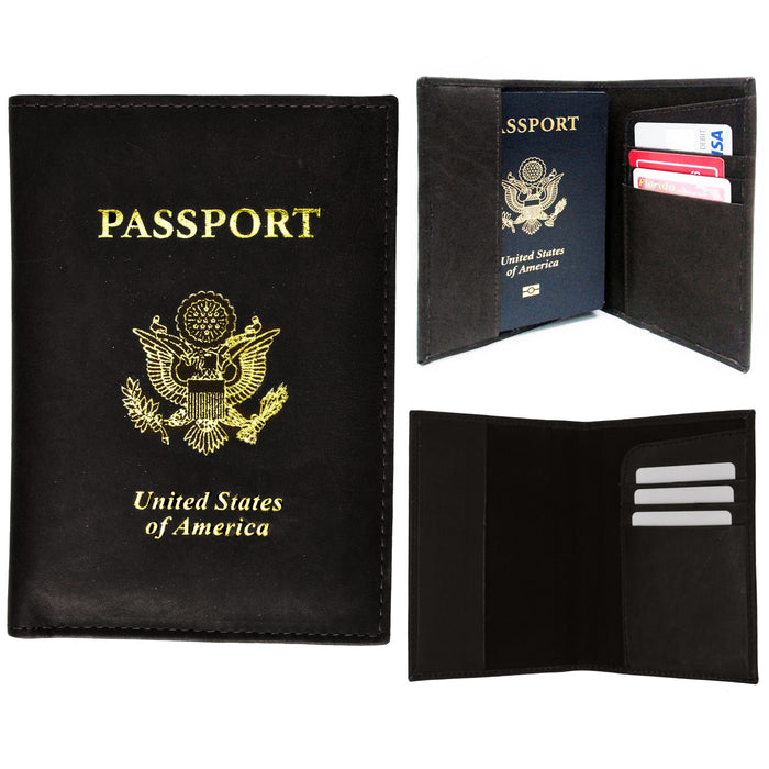 2 Pc Travel Genuine Leather Passport Holder Wallet Case Cards Money IDs Black