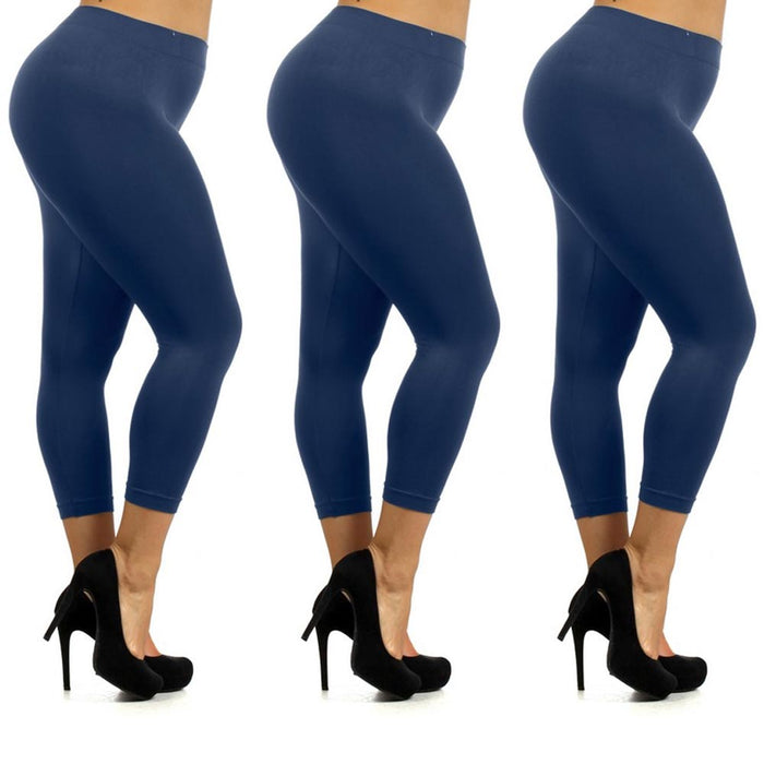 3 Women Plus Size Stretch Leggings High Waisted Solid Capri Active Tummy  Control 