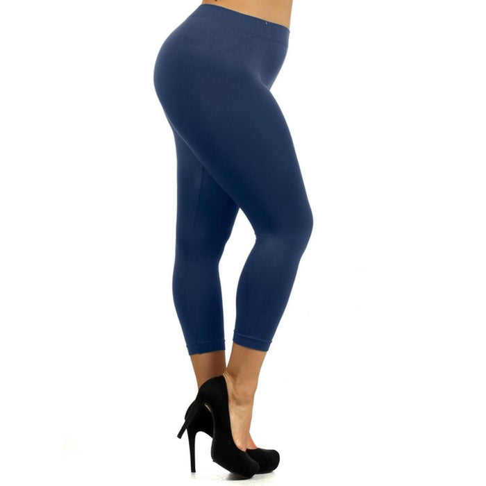 Women Leggings Plus One Size Capri Stretch Pants Basic Yoga Seamless Denim  Blue