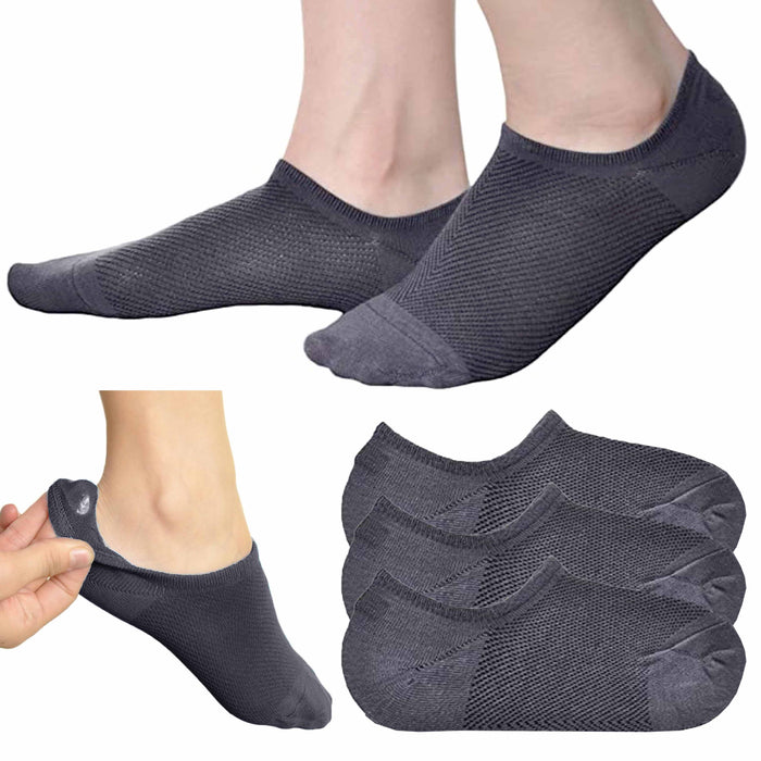 3 Pairs Invisible No Show Socks Low Cut Non Slip Loafer Cotton Unisex Grey 10-13