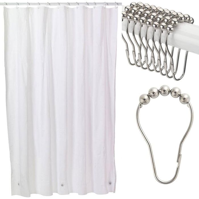 Shower Curtain Liner W/ 12 Rings Glide Hooks Heavy Duty Vinyl Magnet White 70x72