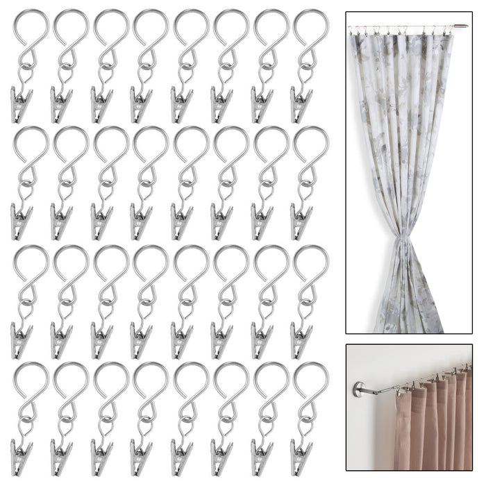 32 Pc Stainless Steel Mini Curtain Clips Metal Hanging Rod Wire Hooks Rings 7/8"