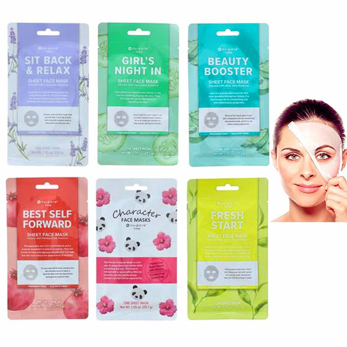 12 Pc Set Assorted Essences Facial Masks Sheet Fresh Cleansing Nu-Pore Skin Care