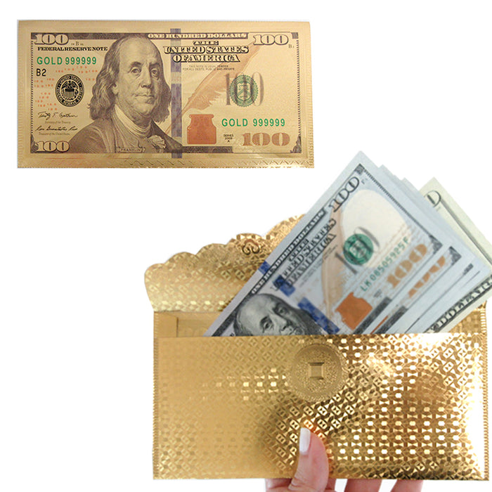 12 Pc $100 Dollar Bill Envelope Gift Money Card Invitation Gold Foil Banknote