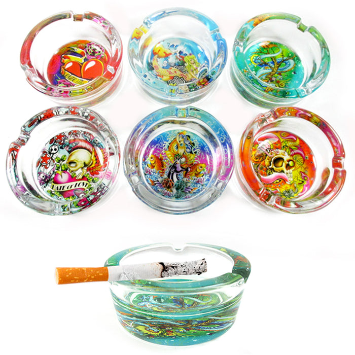 6 Clear Glass Tattoo Ashtray Skull Love Hate Design Smoking Cigarette Ash Gift