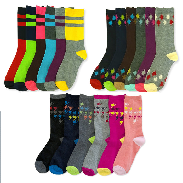 6 Pairs Women Crew Socks Size 9-11 Fashion Assorted Styles Heart Stripe Unisex