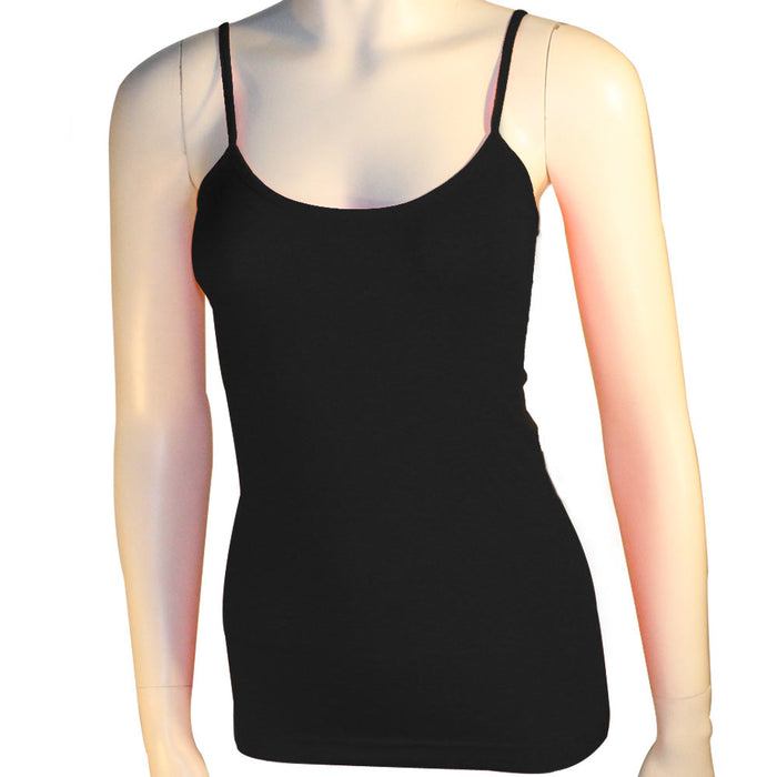 Women's Basic Stretch Camisole Tank Top Spaghetti Strap Long Plain Cami Black