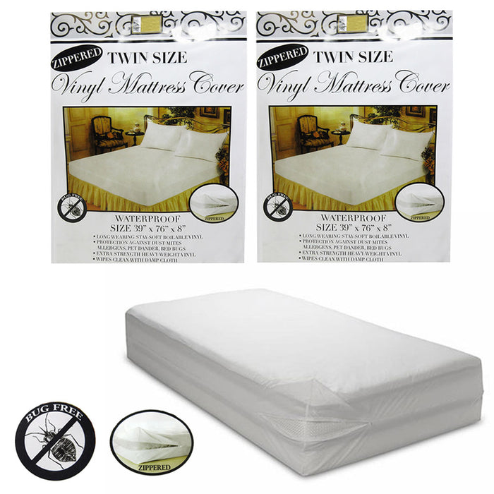 2 Pc Twin Vinyl Zippered Mattress Cover Waterproof Bed-Bug Proof Dust Protector