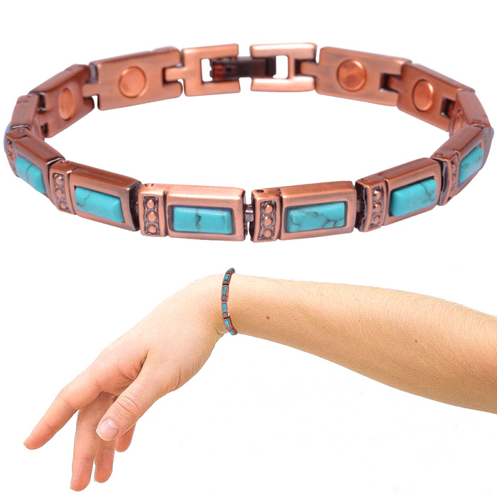 2 Pack Turquoise Stone Magnetic Copper Link Bracelet Crystal Healing Relief Gift