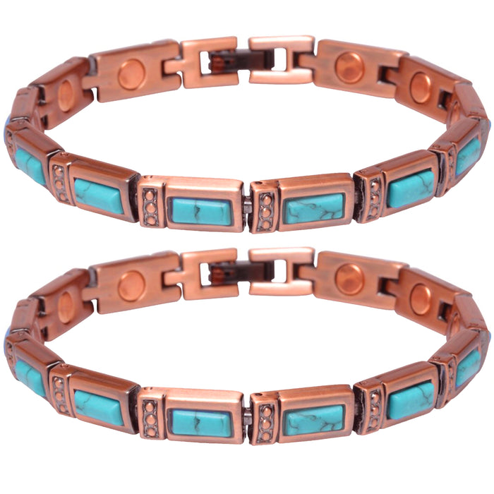 2 Pack Turquoise Stone Magnetic Copper Link Bracelet Crystal Healing Relief Gift