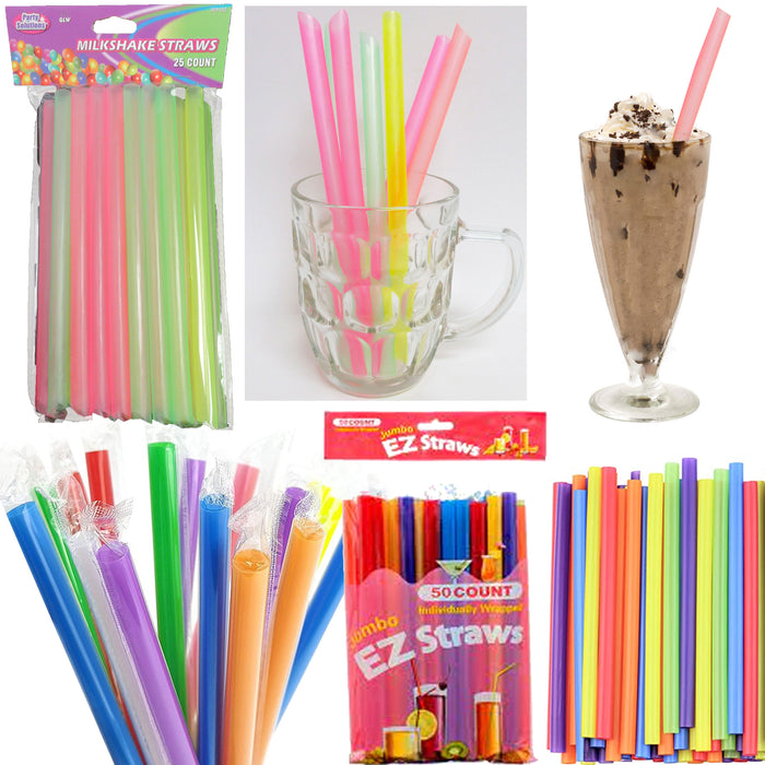 50 Pc Milkshake Straws Jumbo Smoothie Drinking Party Neon Large Thick Straw Boba