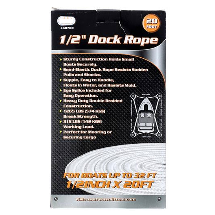 Double Braided 1/2" 20 Ft Rope Dock Line Loop Deck Boat Cord Yacht Anchor White