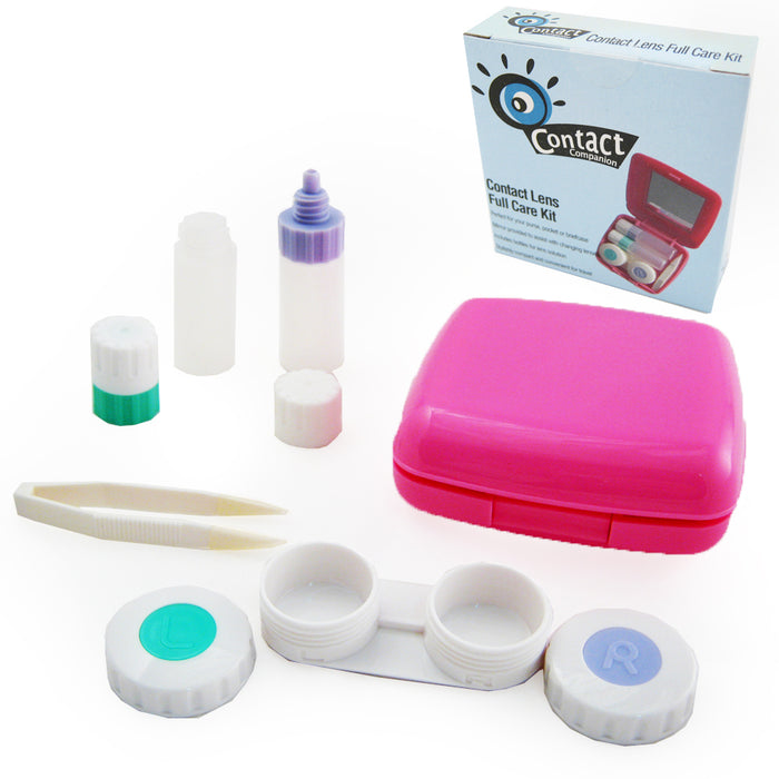 Travel Contact Lens Case Kit Compact Mirror Eye Care Saline Solution Bottle Pink