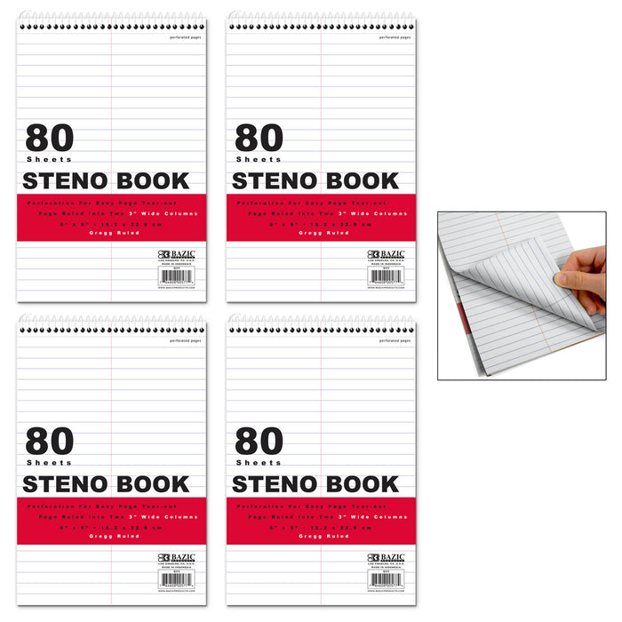 4 Steno Notebooks 6"X9" White 80 Sheets Ea Notepad Gregg Ruled Perforated BAZIC