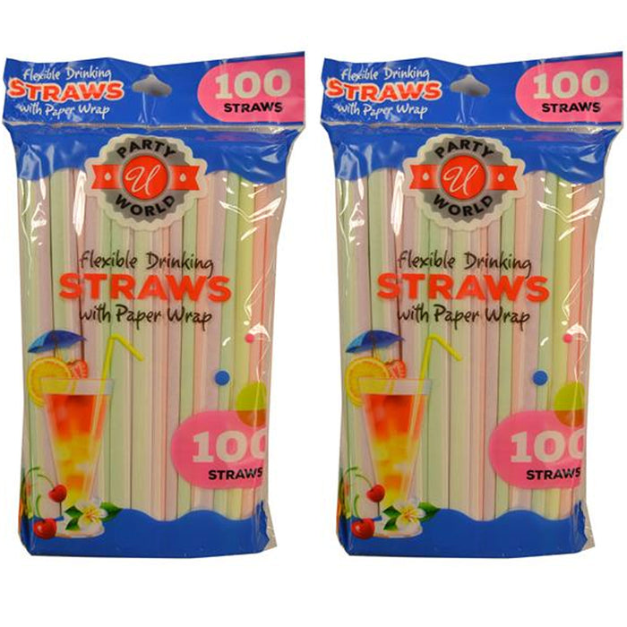 200 Pcs Colorful Flexible Long Straws Plastic Bendable Disposable