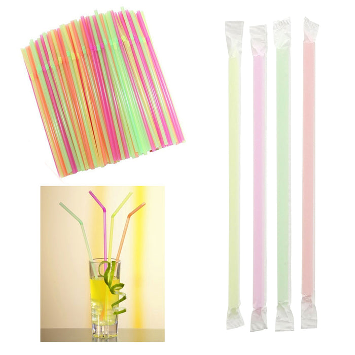 200 Pcs Colorful Flexible Long Straws Plastic Bendable Disposable