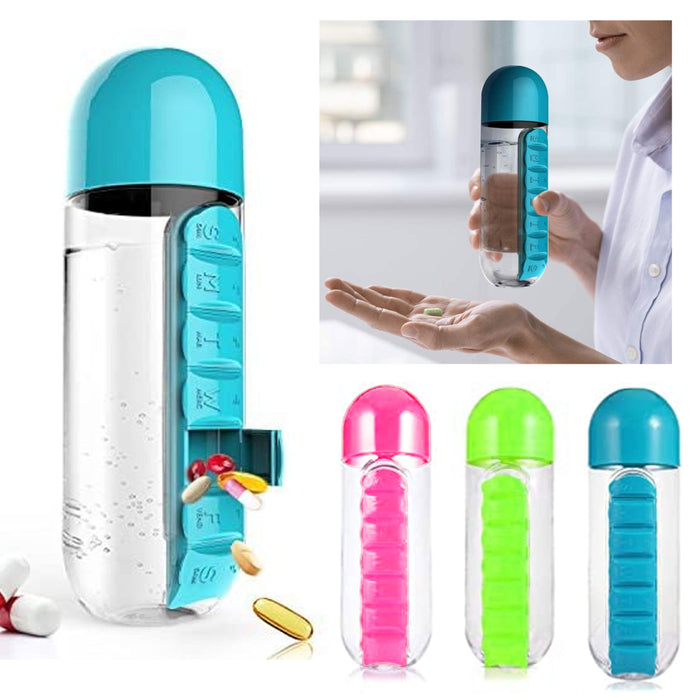 1 Sport Water Bottle Built-in 7 Day Daily Pill Box Medicine Organizer Case 720ml