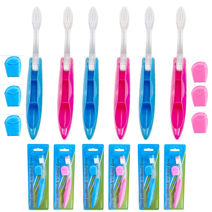 6 Travel Toothbrushes Compact Brush Folds Dental +6 Floss Camping Hike Oral Care