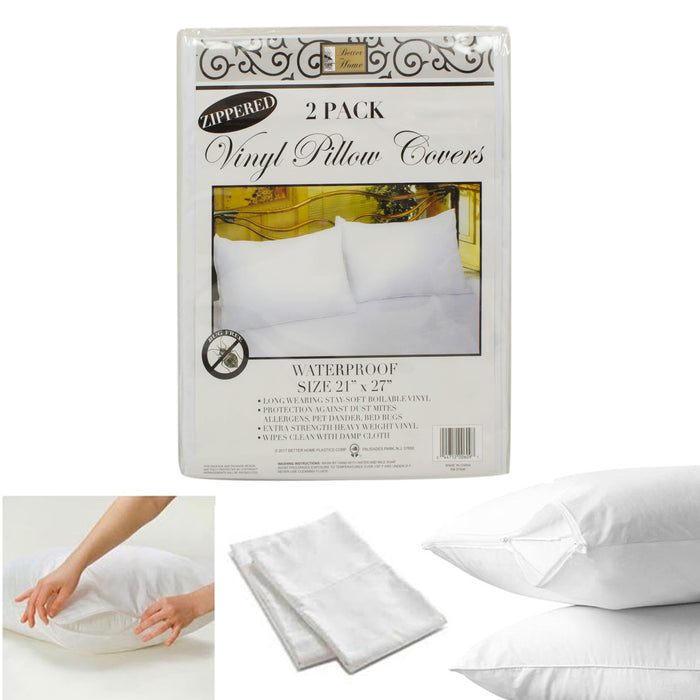 2 White Vinyl Hotel Pillow Cover Case Waterproof Zipper Protector Bed 21" X 27"