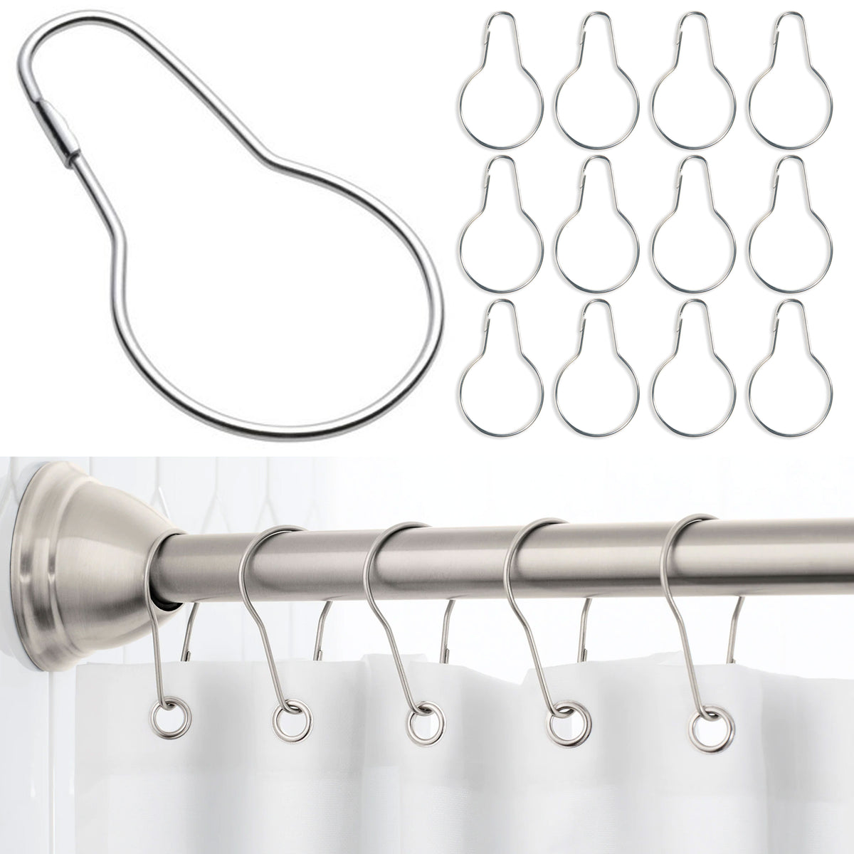 12 PC Silver Glide Metal Curtain Rods Rings Shower Hooks Bathroom Shades Drapes