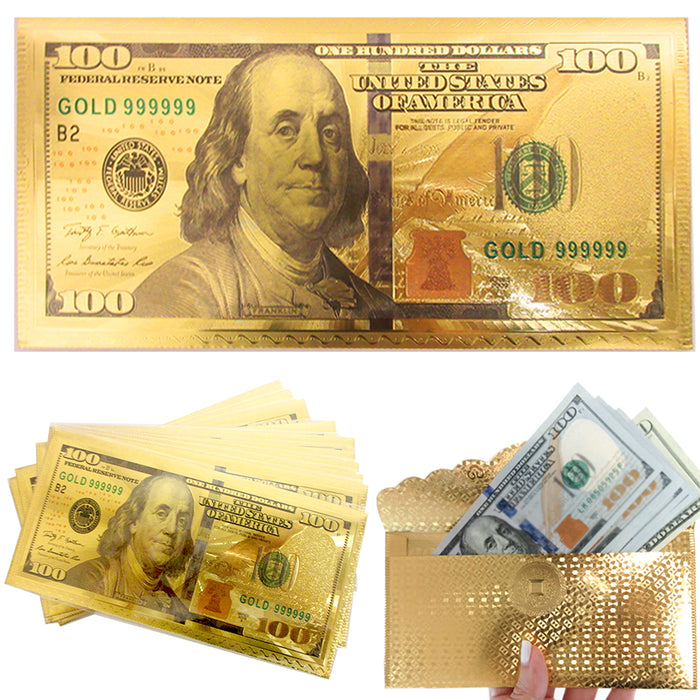 12 Pc $100 Dollar Bill Envelope Gift Money Card Invitation Gold Foil Banknote