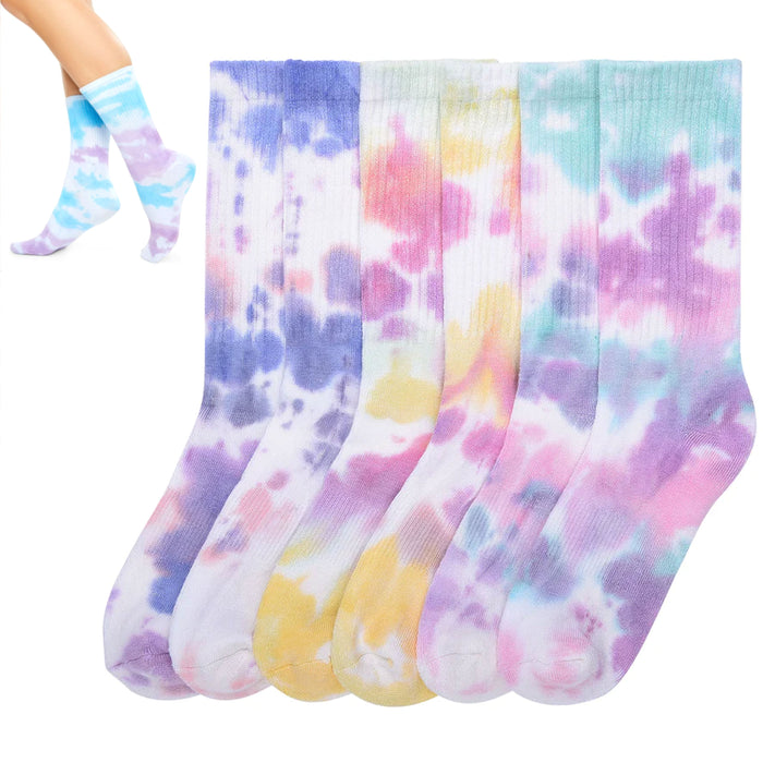 3 Pair Ladies Tie Dye Crew Socks Assorted Ribbed Calf Casual Women's Girls 9-11